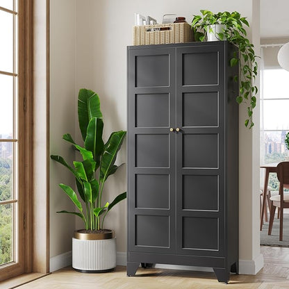 72" Tall Kitchen Cabinet Storage Unit With 2 Doors and 4 Adjustable Shelves, Metal Black Freestanding Cupboard, 5 Tier Kitchen Pantry Storage Cabinet for Kitchen Dining/Living Room/Garage/Home/Office
