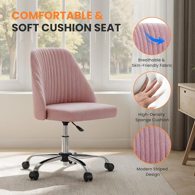 Simple Deluxe Armless Office Desk Chair, Modern Cute Swivel Vanity Chair Comfy Home Office Chairs with Wheels Height Adjustable Rolling Computer Task Stools for Living Room, Make-up, Bedroom, Pink