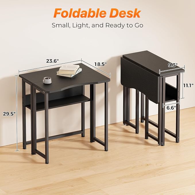 Huuger Folding Desk with Storage Shelf, 23.6 Inch Foldable Computer Table for Small Spaces, Space Saving Sofa Table for Couch, Writing Work Office Computer Desk, Easy to Fold, Black
