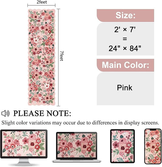 DUKINO Washable Runner Rug, 2x7 Lightweight Soft Floral Hallway Rug Runner with Low Pile Design, Non Shedding & Non Slip Backing Thin Indoor Carpet for Bedroom, Bathroom, Entrance, Kitchen, Pink