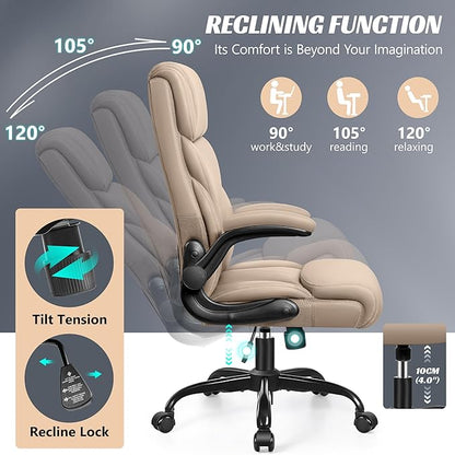 HeroSet Office Chair, Ergonomic Big and Tall Computer Desk Chairs, Executive Breathable Leather Chair with Adjustable Flip-up Armrests, Lumbar Support Swivel PC Chair with Rocking Function,Khaki