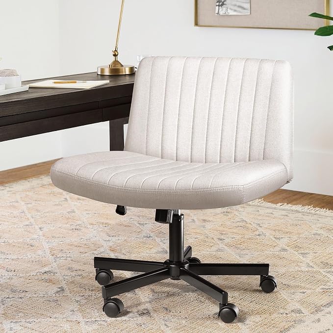 LEMBERI Criss Corss Chair with Wheels, Armless Wide Cross Legged Office Desk Chairs, Fabric Rocking Swivel Computer Task Vanity Makeup Chair for Home Office