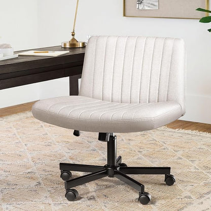LEMBERI Criss Corss Chair with Wheels, Armless Wide Cross Legged Office Desk Chairs, Fabric Rocking Swivel Computer Task Vanity Makeup Chair for Home Office