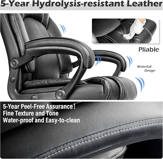 OUTFINE Office Chair Executive Office Chair Desk Chair Computer Chair with 5-Year hydrolysis-Resistant Leather Spring Cushion Ergonomic Support Tilting Function Upholstered in Bonded Leather Black