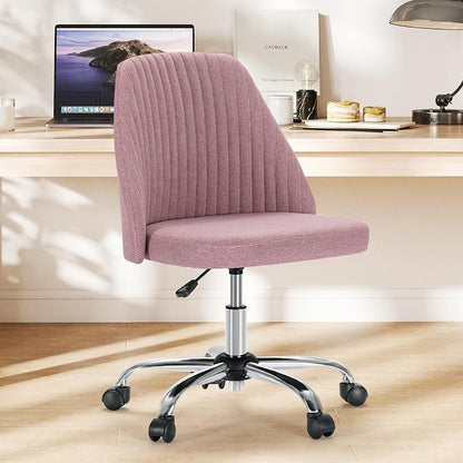 Sweetcrispy Armless Vanity Chair, Cute Comfy Home Office Desk Chair with Wheels, Modern Upholstered Task Computer Seat for Bedroom, Study, Makeup Vanity, Height Adjustable & Swivel Fit, Pink