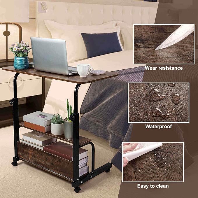 Adjustable Height Mobile Computer Desk for Small Space Rolling Writing with Wheels Corner Home Office Study Portable Desks Standing Desk Rolling Desk Mobile Laptop Table Size 31.5X15.7 Inch Brownish