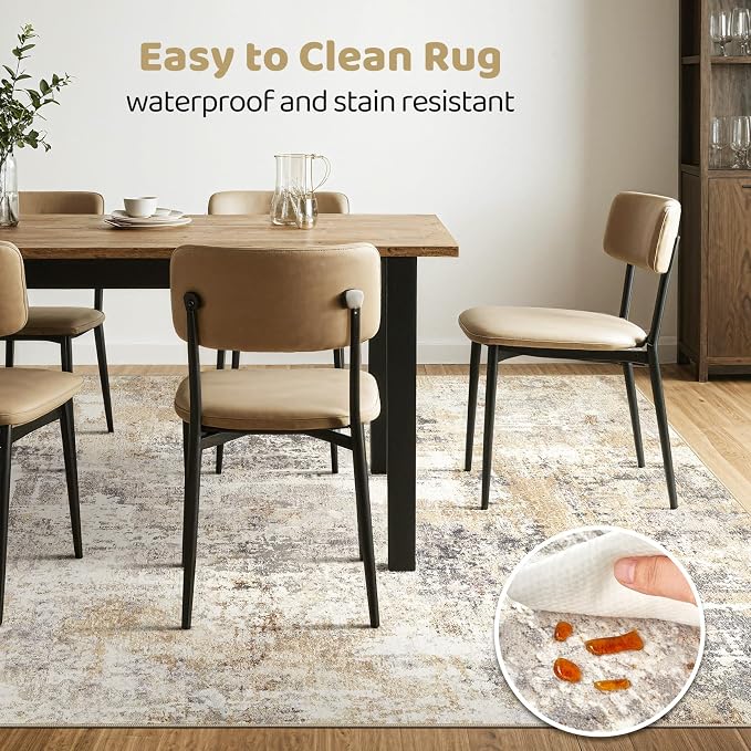 Square Rug 8x8 Living Room: Large Washable Abstract Modern Soft Area Rug Stain Resistant Indoor Floor Non-Slip Accent Carpet for Bedroom Nursery Playroom Dining Room Office Dorm Home Decor- Gray Gold