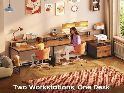 SEDETA 66" L Shaped Desk with Power Outlet, Reversible Home Office Computer Desk with File Drawer & Monitor Shelf, Storage Shelves, LED Lights, Rustic Brown for Corner Small Spaces