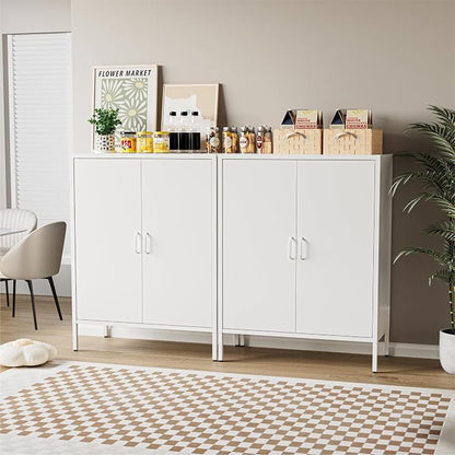 COFaR White Metal Storage Cabinet, 40” Kitchen Buffet & Coffee Bar Cabinet with Adjustable Shelves, 3-Tier Steel Organizer with Magnetic Doors, Sideboard for Dining Room, Home Office