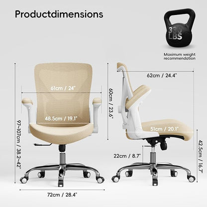 Ergalithic Office Home Ergonomic Desk Chair-Computer X-Shaped Chair Mesh PU Leather with Adjustable Lumbar Support-Executive Chair High Back Flip-Up Arms for Long Hours (Khaki-No Headrest)