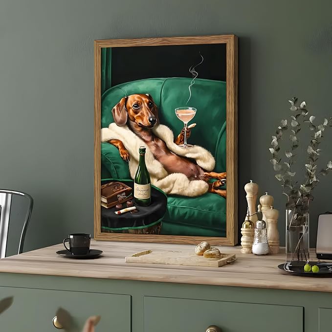 Framed Funny Dachshund Wall Art, Playful Dog Canvas Print with Martini and Cigar, Humorous Animal Poster, Abstract Dog Wall Decor for Living Room Bedroom, Gift for Pet Lovers 8x10 inch
