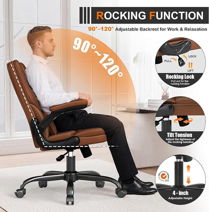 Ergonomic Office Chair with Flip-Up Armrests, Mid Back Executive PU Leather Desk Chair, Height Adjustable with Lumbar Support, Rocking & Swivel Computer Chair for Home Office
