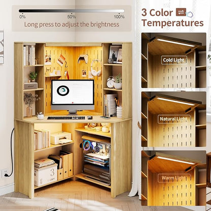 HNEBC Home Office Desk with Power Outlet & Chariging Station,L-Shaped Corner Desk with Pull-Out LED Lights,Computer Desk with Hutch & 10 Shelves,Pegboards for Work & Study,Natural