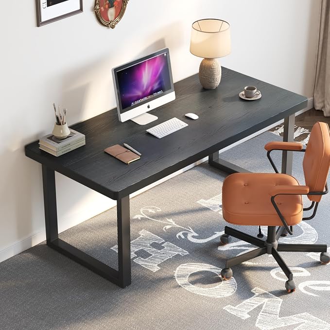 47 Inch Black Solid Wood Computer Desk | Sturdy Metal Base | Modern Home Office Desk | Durable Study Writing Table for Workspace, Multiple