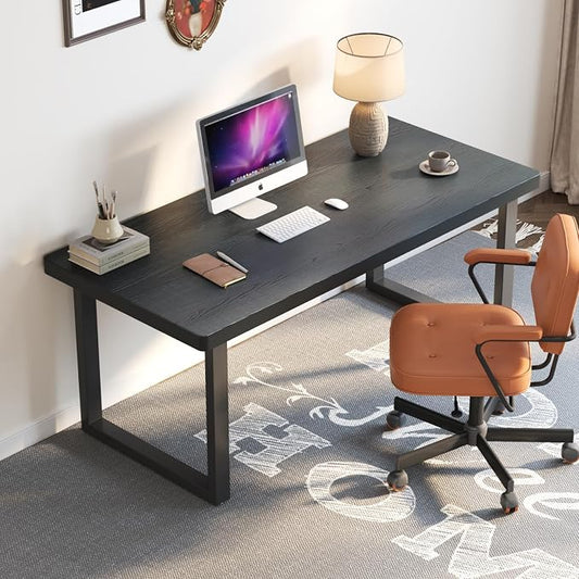 47 Inch Black Solid Wood Computer Desk | Sturdy Metal Base | Modern Home Office Desk | Durable Study Writing Table for Workspace, Multiple