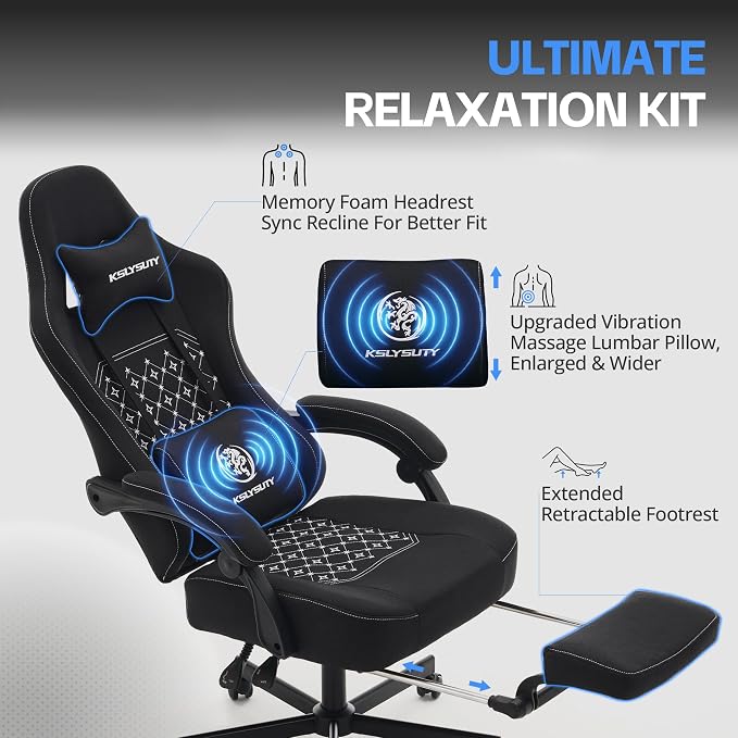 Desk Computer Gaming Chair - Ergonomic Game Office Chair with Extended Footrest and Massage Lumbar Support, Home Gamer Video Game Chairs with Spring Cushion for Adults (Pro Black Fabric)