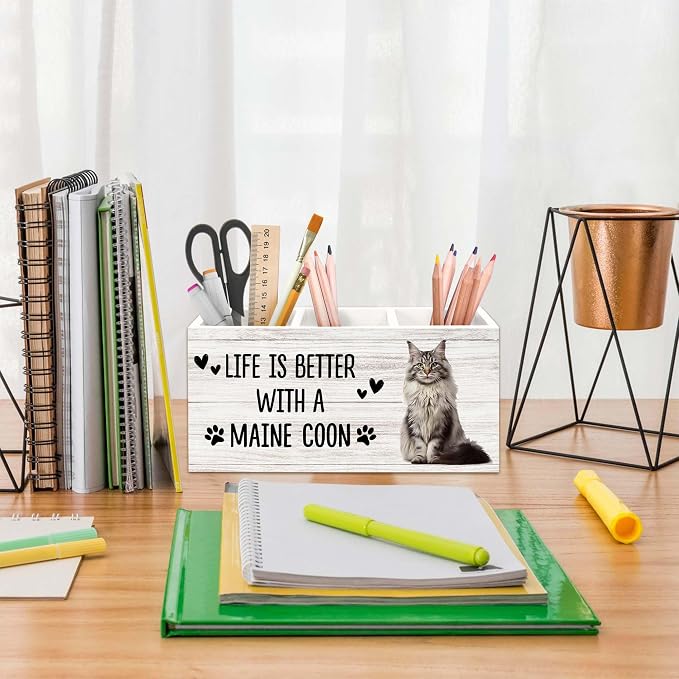 Maine Coon Cat Gifts Pen Holder for Desk, Gifts for MaineCoon Lovers Owners Pencil Organizer, Life is Better with A Maine Coon Cat Wood Pen Holder Desk Accessories Decor for Home Office