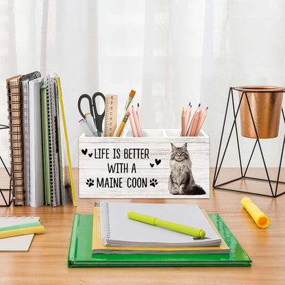 Maine Coon Cat Gifts Pen Holder for Desk, Gifts for MaineCoon Lovers Owners Pencil Organizer, Life is Better with A Maine Coon Cat Wood Pen Holder Desk Accessories Decor for Home Office