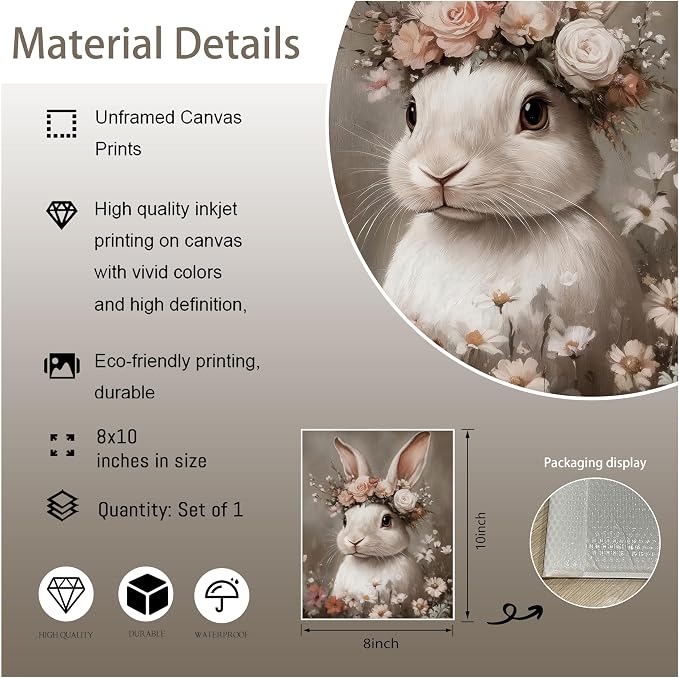 WIARTSH Vintage Easter Bunny Wall Art Poster, White Bunny with Flower Crown Canvas Prints, Cottage Farmhouse Animal Artwork, Rustic Easter Wall Decor for Kids Room Bedroom Living Room 8x10in Unframed