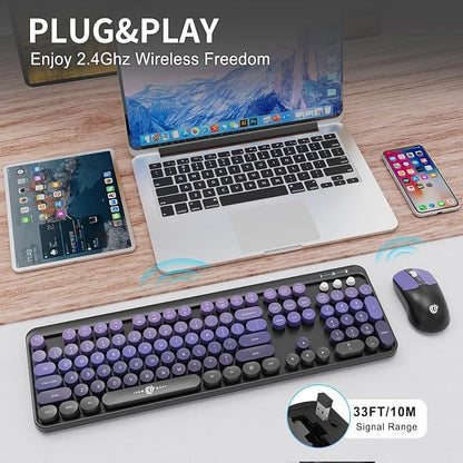 Purple Wireless Keyboard and Mouse Combo, Retro Round Key Typewriter Style Keyboard, Cute Full Size Aesthetic Bubble Keyboard with Number Pad for PC Laptop Desktop Computer