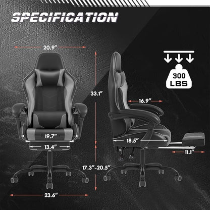 Shahoo Gaming Chair with Footrest and Massage Lumbar Support, Video Racing Seat Height Adjustable with 360°Swivel and Headrest for Office or Bedroom, Grey