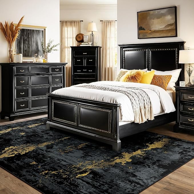 RELEANY Washable Area Rugs 9'x12' Non-Slip Modern Abstract Soft for Living Room Entryway Bedroom Kitchen, Print Pattern, Dark Black Gold