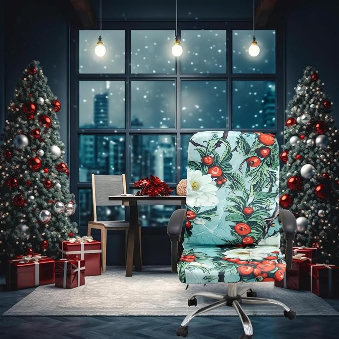 Christmas Office Chair Cover Green,Printed Elk,pinecone,Xmas tree,Snowflake,Jingle bell Stretch Computer Chair Cover Universal Removable Washable Anti-Dust Chair Slipcover with Zipper (L,Christmas-10)