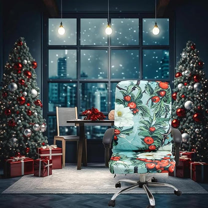 Christmas Office Chair Cover Green,Printed Elk,pinecone,Xmas tree,Snowflake,Jingle bell Stretch Computer Chair Cover Universal Removable Washable Anti-Dust Chair Slipcover with Zipper (L,Christmas-10)
