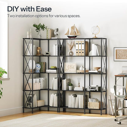 HOOBRO Corner Bookshelf, 5-Tier L-Shaped Bookcase, Industrial Open Display Shelf Tall Storage Organizer, Vertical Storage Rack, for Living Room, Home Office, Black BB60SJ01