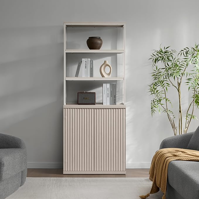SICOTAS Book Shelf Fluted Bookshelf Cabinet - 75" Tall Bookcase 6 Tier Large Bookshelves with Doors Storage Modern Wide Book Shelves Case for Living Room Home Office Library, Metal Frame, White Alder