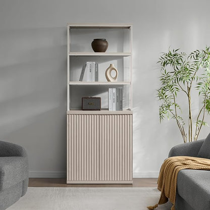 SICOTAS Book Shelf Fluted Bookshelf Cabinet - 75" Tall Bookcase 6 Tier Large Bookshelves with Doors Storage Modern Wide Book Shelves Case for Living Room Home Office Library, Metal Frame, White Alder