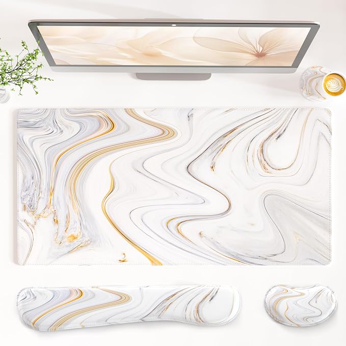 QIYI Leather Desk Mat Set, 4-in-1 Large Mouse Pad with Ergonomic Wrist Rest, Waterproof Desk Pad + Keyboard Wrist Rest + Mouse Wrist Support+Coaster, Non-Slip Office Gaming Accessories, Marble Stripes