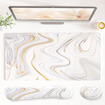 QIYI Leather Desk Mat Set, 4-in-1 Large Mouse Pad with Ergonomic Wrist Rest, Waterproof Desk Pad + Keyboard Wrist Rest + Mouse Wrist Support+Coaster, Non-Slip Office Gaming Accessories, Marble Stripes