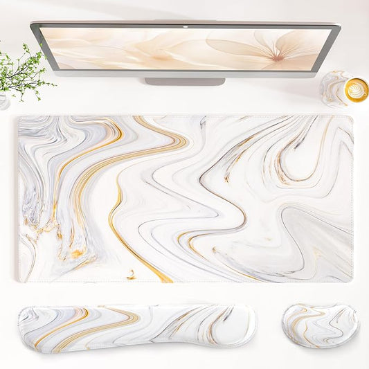 QIYI Leather Desk Mat Set, 4-in-1 Large Mouse Pad with Ergonomic Wrist Rest, Waterproof Desk Pad + Keyboard Wrist Rest + Mouse Wrist Support+Coaster, Non-Slip Office Gaming Accessories, Marble Stripes