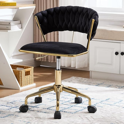 NIOIIKIT Home Office Chair, Velvet Upholstered Task Chair with Woven Open Back, 360° Swivel Desk Chair with Wheels, Adjustable Vanity Chair, Computer Chair for Office, Studio (Black)