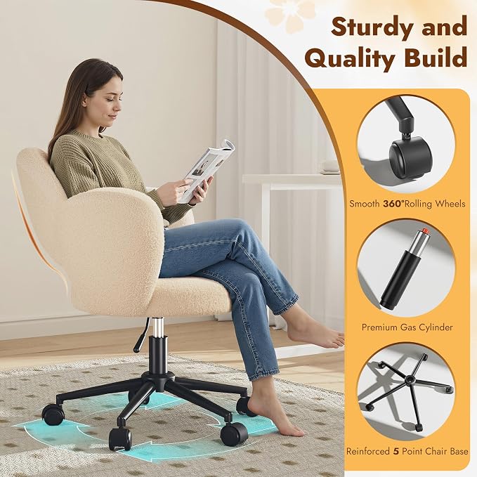 Homkdom Petal Vanity Chair with Wheels, 3.94" Thick Comfy Desk Chair, Swivel Armless Chair with Open Back and Adjustable Height, Ideal for Makeup Study Work and Relaxation, Creamy Beige
