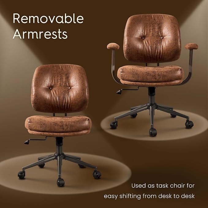 HOOOWOOO Ergonomic Office Chair,Mid Century Modern Computer Desk Chair,Comfy Executive Chair with Extra Wide Tufted Cloudy Seat Lumbar Support Rocking Back,Suede Leather Dark Brown
