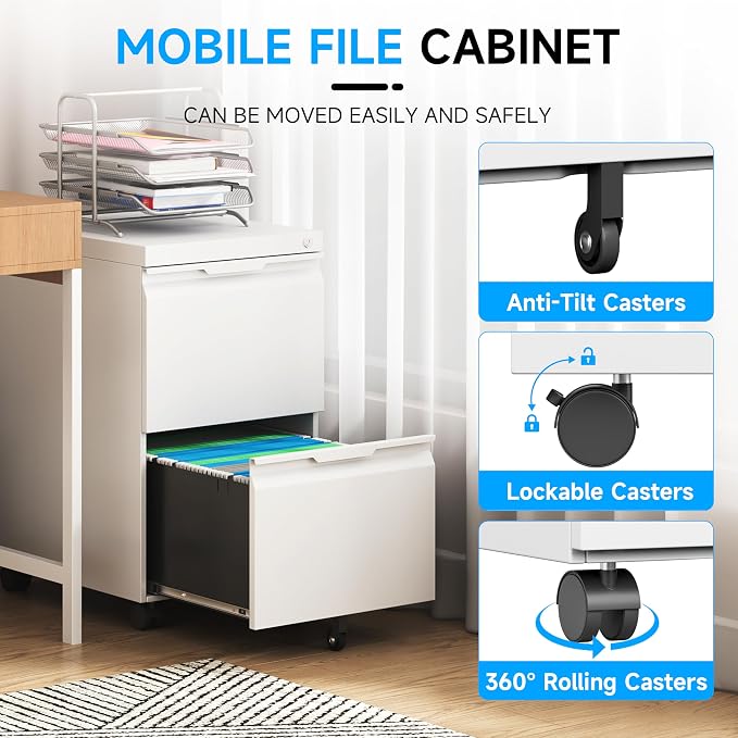 Bestoo Mobile File Cabinet with Lock, 2 Drawer Filing Cabinet, Under Desk Metal Rolling Filing Cabinets for Home Office, Fits Letter/Legal/A4 Size File, Easy Assembly