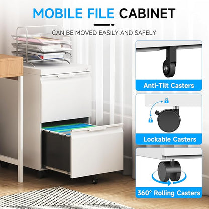 Bestoo Mobile File Cabinet with Lock, 2 Drawer Filing Cabinet, Under Desk Metal Rolling Filing Cabinets for Home Office, Fits Letter/Legal/A4 Size File, Easy Assembly