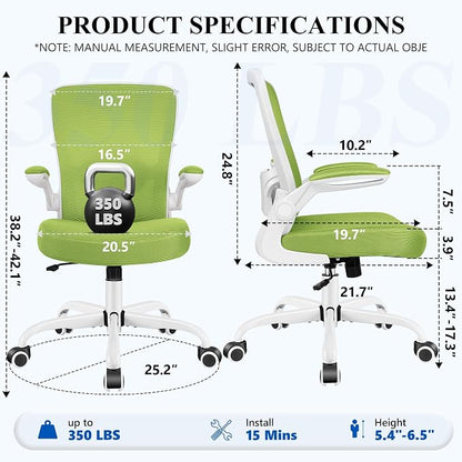 FelixKing Office Chair, Ergonomic Desk Chair Breathable Mesh Chairs Adjustable High Back Lumbar Support Flip-up Armrests, Executive Rolling Swivel Comfy Computer Chairs Home Office Green