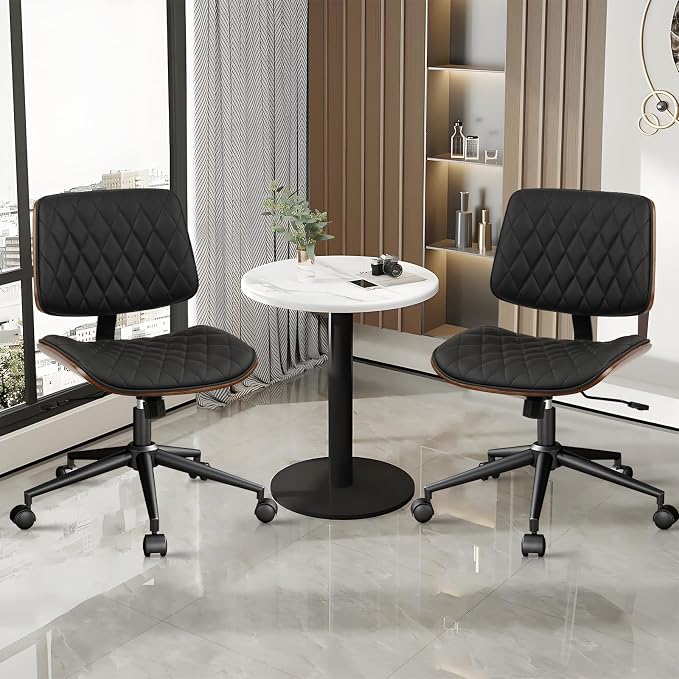 CLATINA Home Office Desk Chair with Wheels, Adjustable Height Armless Office Chair, PU Leather Mid Back 360 Swivel Computer Chair, Modern Walnut Chair for Home, Meeting, Reading Room,Black(1 pk)