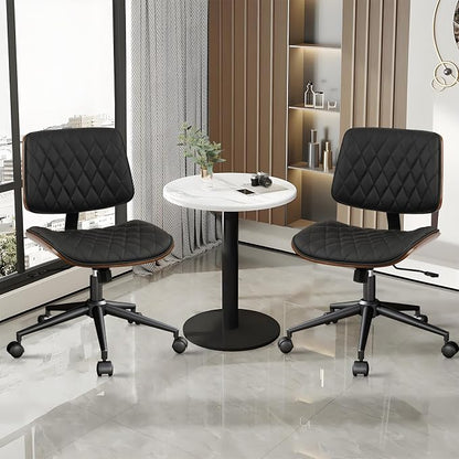 CLATINA Home Office Desk Chair with Wheels, Adjustable Height Armless Office Chair, PU Leather Mid Back 360 Swivel Computer Chair, Modern Walnut Chair for Home, Meeting, Reading Room,Black(2 pk)