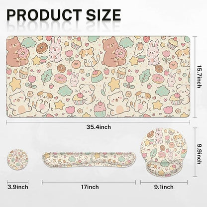 Britimes Kawaii Bunny Bear Keyboard Mouse Pad Set Cartoon Pink 4in1 Large Mousepad+Keyboard Wrist Rest+Mouse Wrist Rest+Coaster Ergonomic Design for Home Office Computer 35.4x15.7 inches