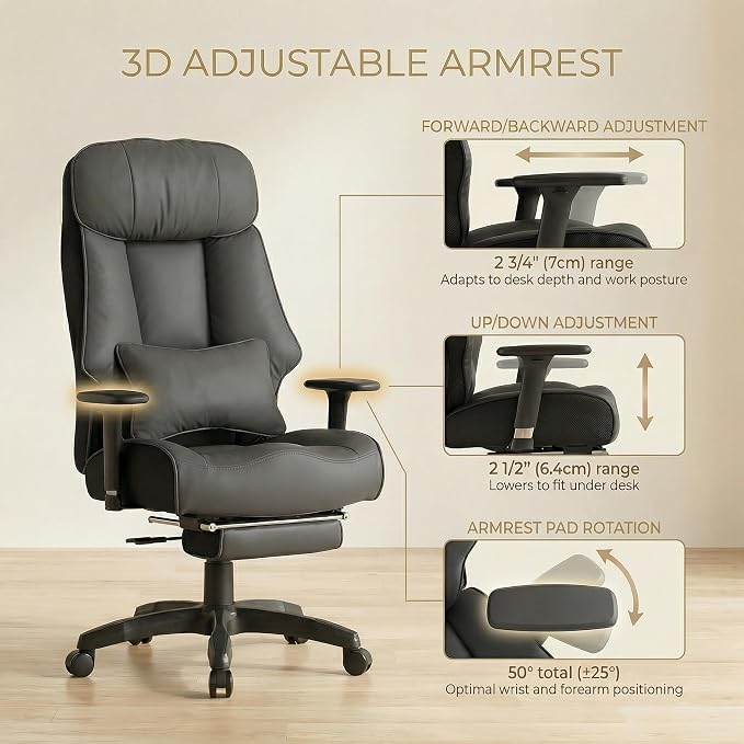 EXCEBET Big and Tall Office Chair 500lbs - 22.4" Extra Wide Seat Ergonomic Executive Chair, Heavy Duty High Back Leather Office Chair with Footrest, Lumbar Support & Adjustable Arm (Grey)