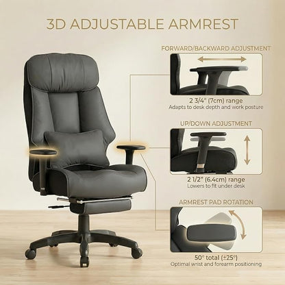 EXCEBET Big and Tall Office Chair 500lbs - 22.4" Extra Wide Seat Ergonomic Executive Chair, Heavy Duty High Back Leather Office Chair with Footrest, Lumbar Support & Adjustable Arm (Grey)