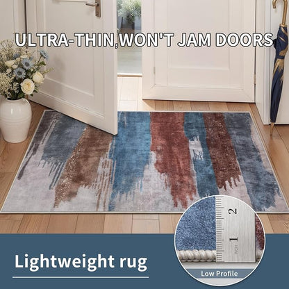 Ciicool Modern Abstract Area Rug 2x3 Washable Small Entryway Rugs,Blue Brown Non-Slip Low Pile Throw Entry Rug, Foldable Kitchen Bathroom Rugs Floor Carpet for Entrance Bedroom Indoor Doormat