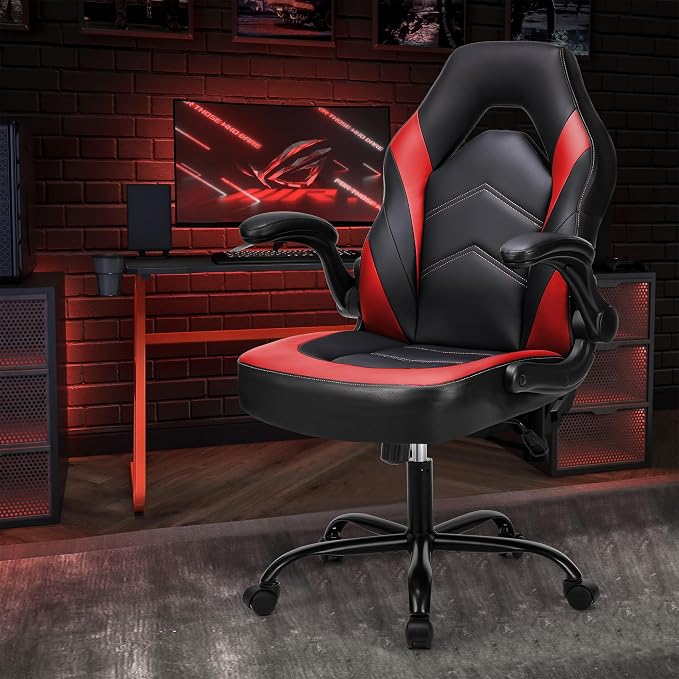 NEWBULIG Gaming Office Chair, Ergonomic High-Back with Flip-Up Armrests, Adjustable Height, Lumbar Support, PU Leather Comfort Seat & 360° Silent Swivel Wheels, for Home/Office, Red