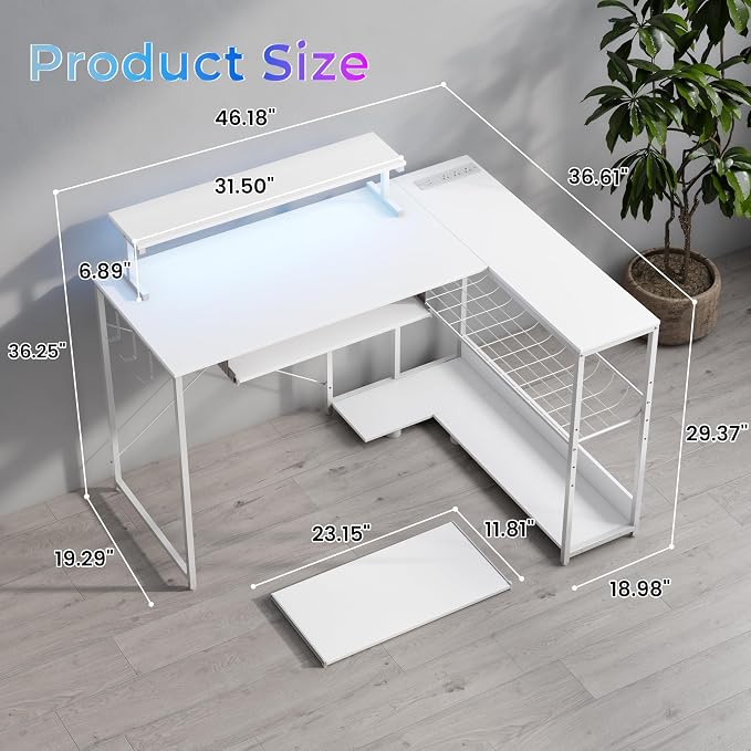 L Shaped Gaming Desk with Power Outlets & RGB Lights, 46'' L- Shaped Desk Computer Corner Desk with Monitor Stand & Storage Shelf & Hook, Home Office Desk Writing Desk, White
