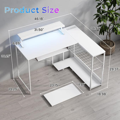 L Shaped Gaming Desk with Power Outlets & RGB Lights, 46'' L- Shaped Desk Computer Corner Desk with Monitor Stand & Storage Shelf & Hook, Home Office Desk Writing Desk, White