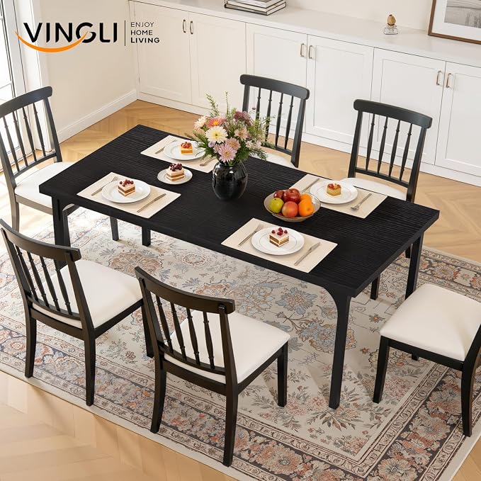VINGLI Large Dining Table for 8, 70.8in Long Kitchen Table, Rectangular Dinner Table for Dining Room, Farmhouse Wood Kitchen Table for Family Home Office, Black